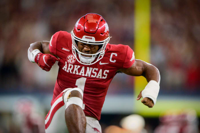 Sep 25, 2021; Arlington, Texas, USA; Arkansas Razorbacks defensive back Jalen Catalon (1) celebrates during the second half against the Texas A&M Aggies at AT&T Stadium. Mandatory Credit: Jerome Miron-USA TODAY Sports
